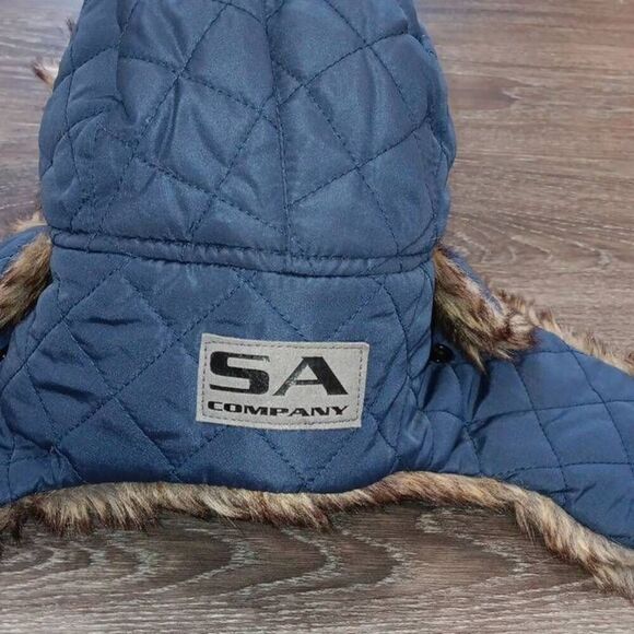 SA CO Trapper Hat Color Navy with Brown & Tan Faux Fur Ear Flaps with Snap NWT - Picture 4 of 6